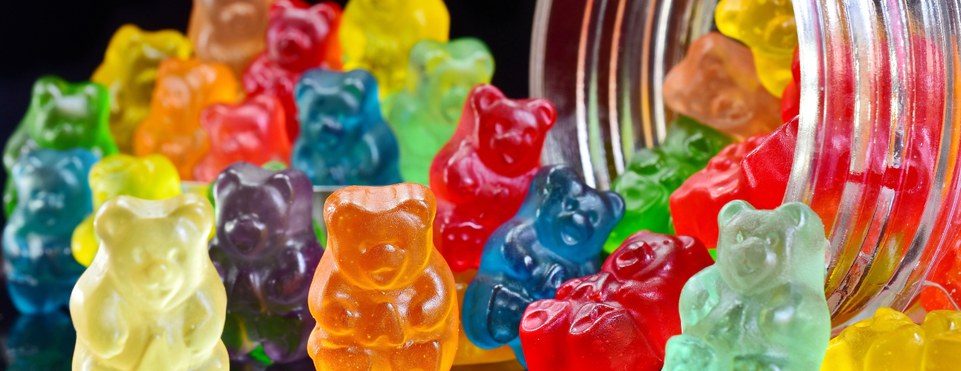 CBD colorful gummy bears in a jar