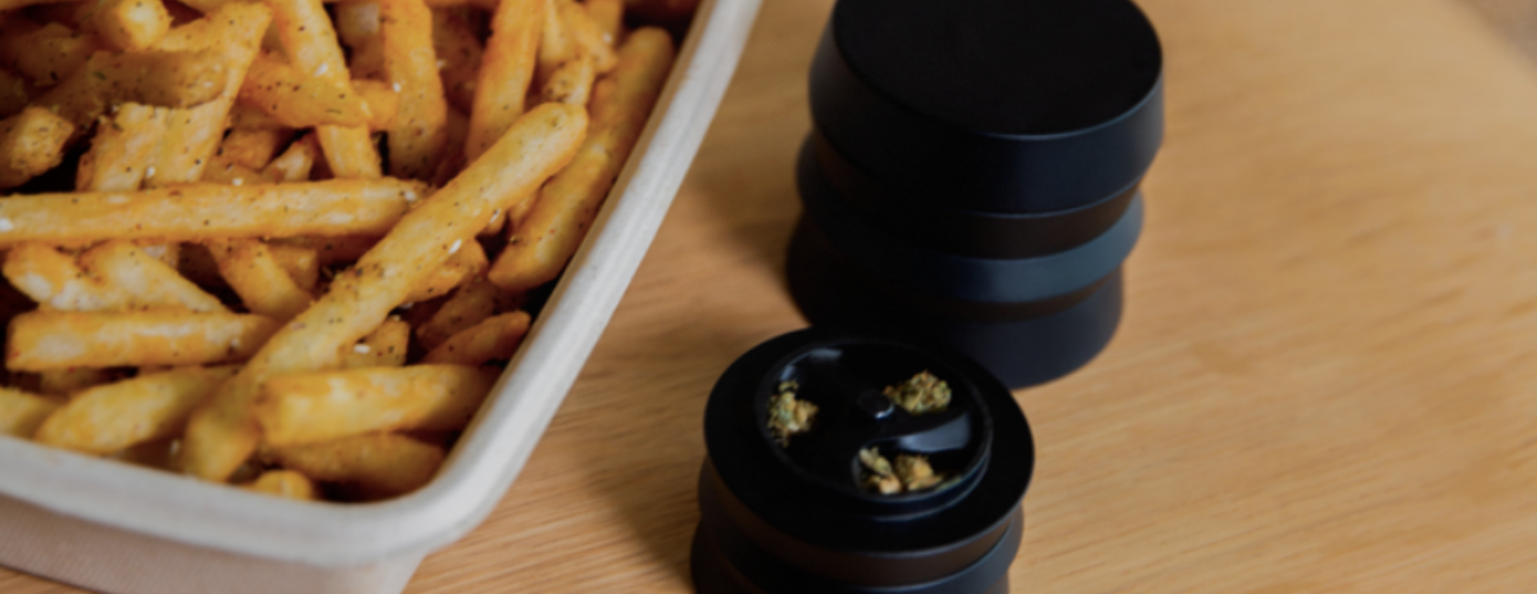 takeout french fries and weed in grinder