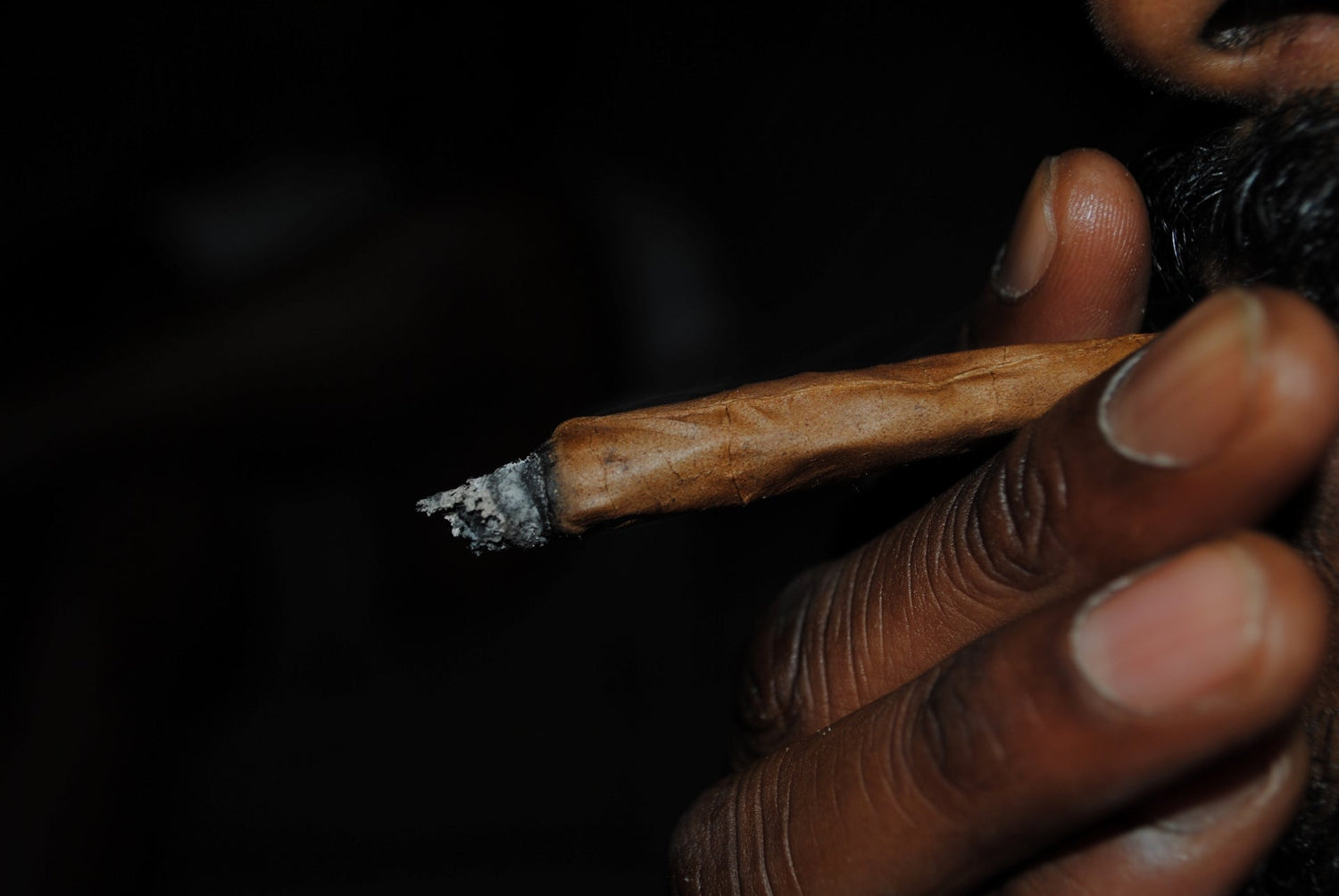 A man smokes a blunt against a black background. He looks like an absolute boss