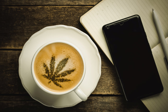 Der Kief-Kaffee steht auf einem Schreibtisch. Der Schaumstoff ist ein Marihuana-Blatt. 