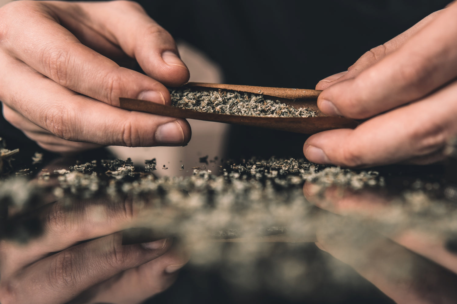 A man rolls cannabis into a swisher into a blunt 