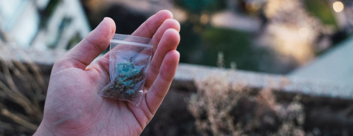 hand with weed on a plastic bag