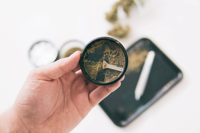 A man holds a grinder filled with beautiful green crystals called kief