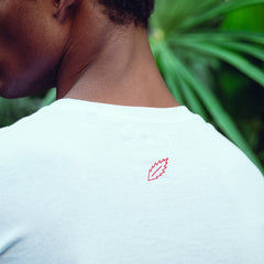 HOJ red leaf icon on the back of white tshirt 